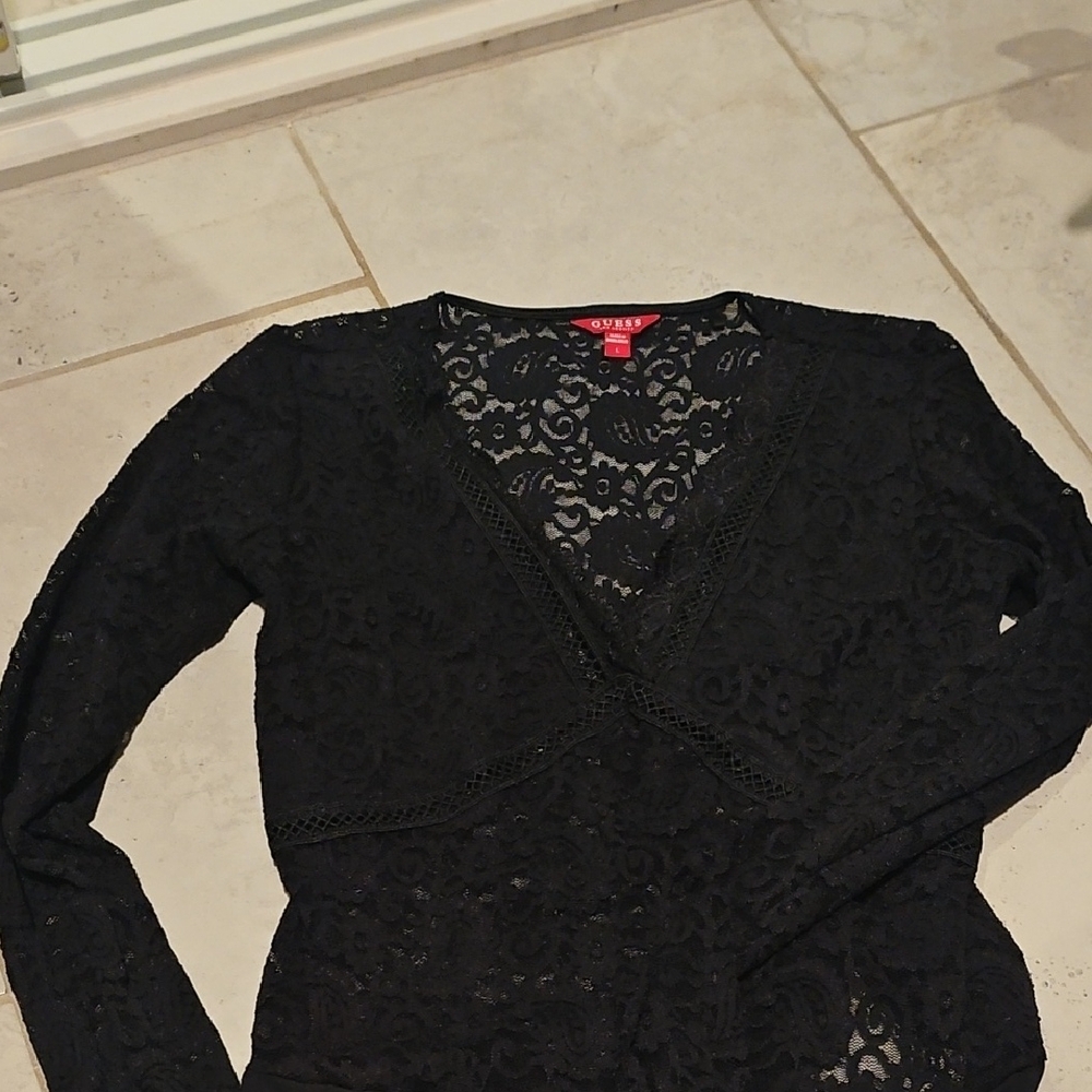 Guess Black Lace V-Neck Blouse